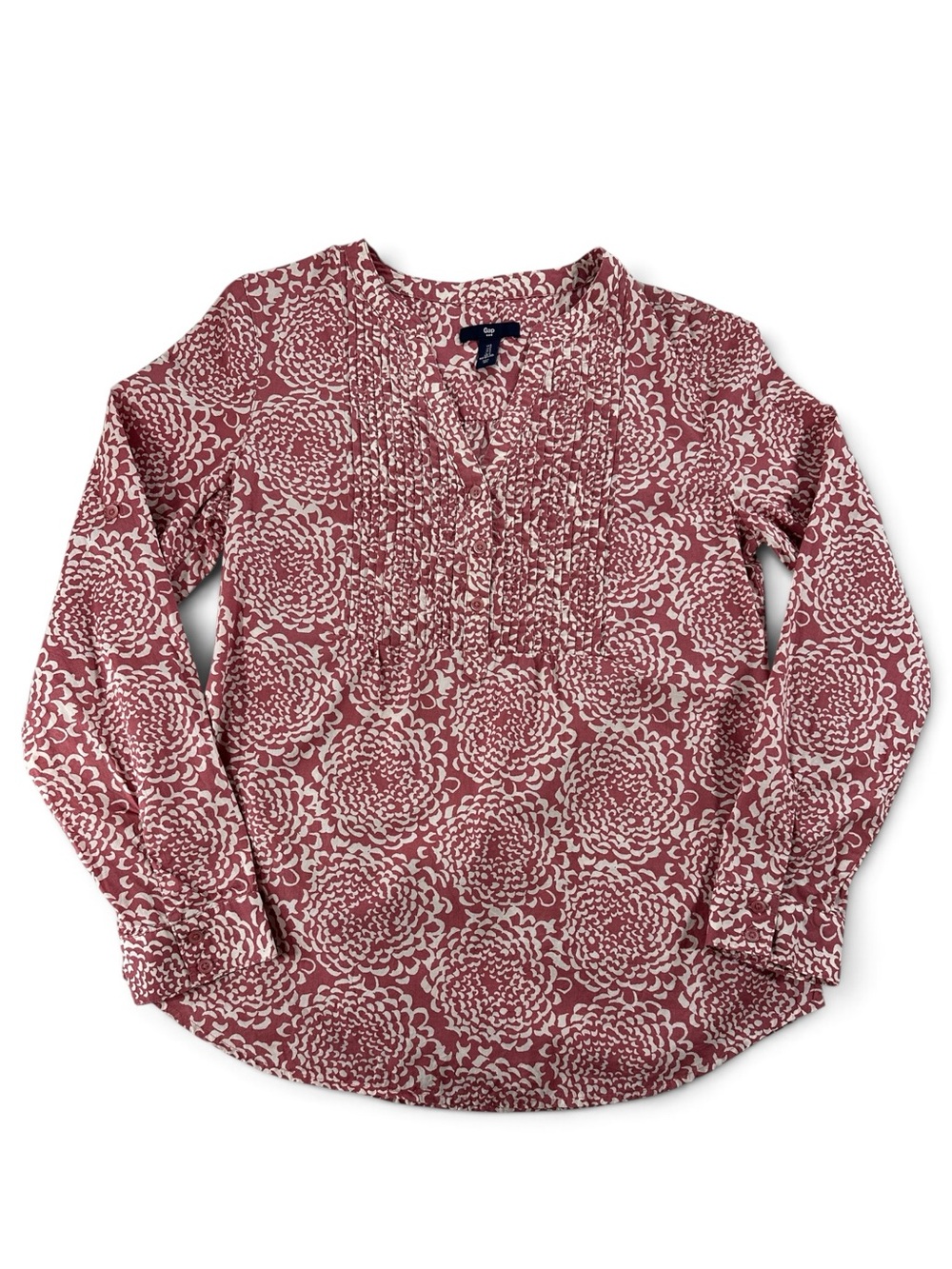 GAP Rose and White Floral Pintuck V-Neck Blouse